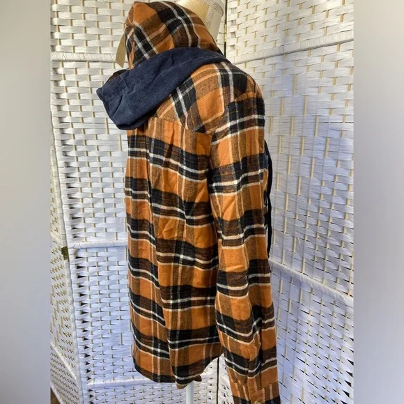 NWT Hem & Thread Starting Again Plaid Hooded Long Sleeve Flannel Top Navy/Camel - Picture 12 of 13